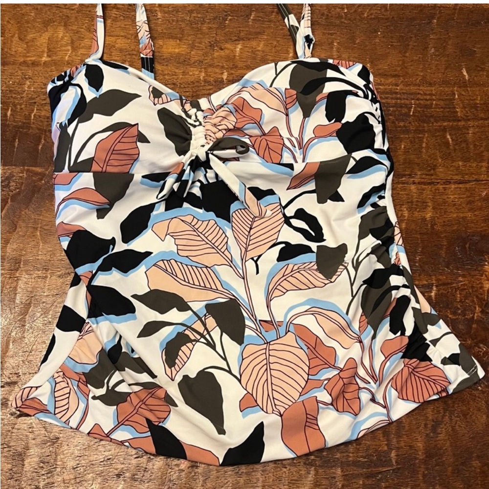 DKNY Floral Ruched Tankini Top in White, Blush & Black